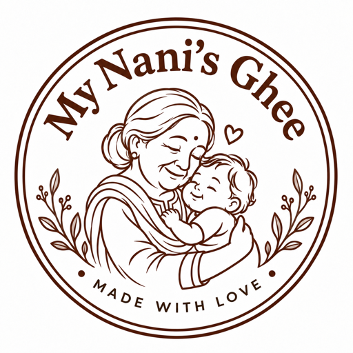 My Nani’s Ghee circular logo: a grandmother cradling a baby, made with love.