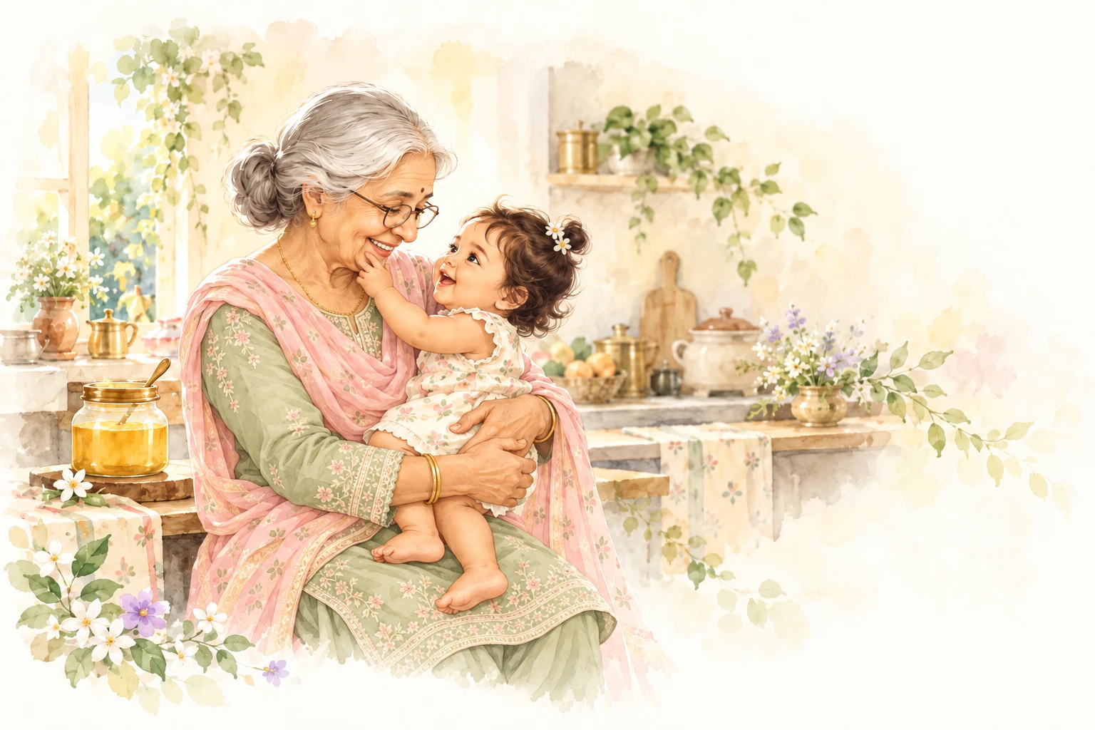 A watercolor illustration of a grandmother holding her baby granddaughter in a sunlit kitchen.